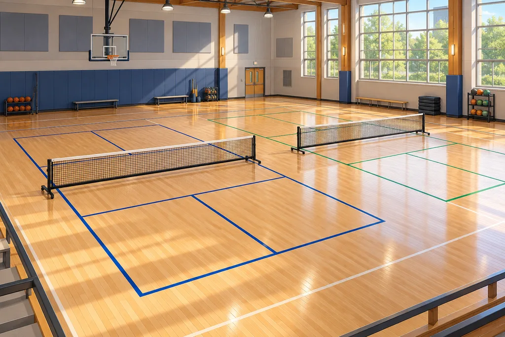 Un gymnase avec deux terrains de pickleball temporaires, filets portables alignés et lignes au sol.
