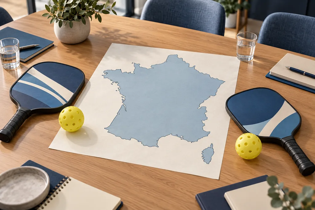 Une salle de réunion avec une carte de France et des raquettes de pickleball posées sur une table.