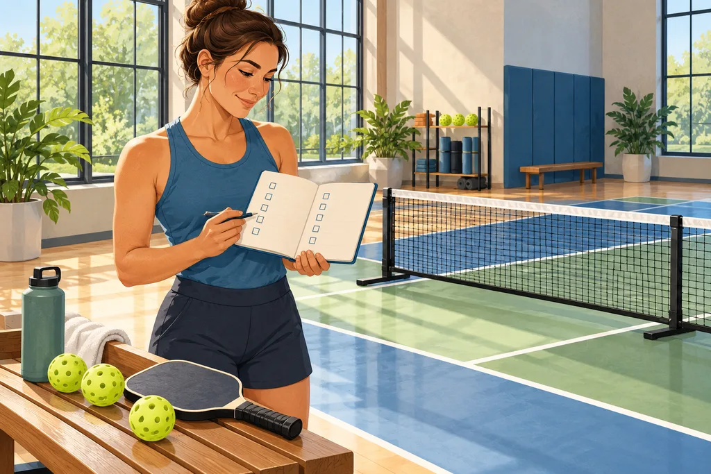Une personne coche une liste près d'un filet de pickleball tout juste monté.