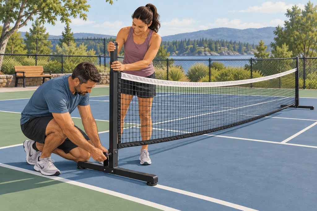 Deux personnes assemblent les montants d'un filet de pickleball portable sur un court.