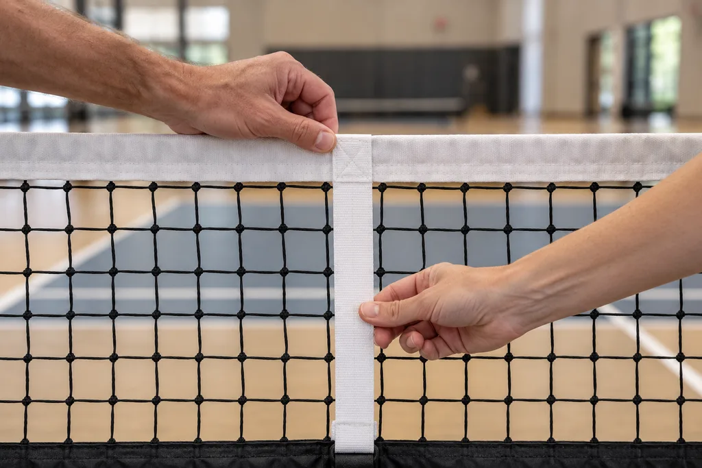 Mains ajustant la sangle blanche au centre d'un filet de pickleball pour abaisser le haut du filet.