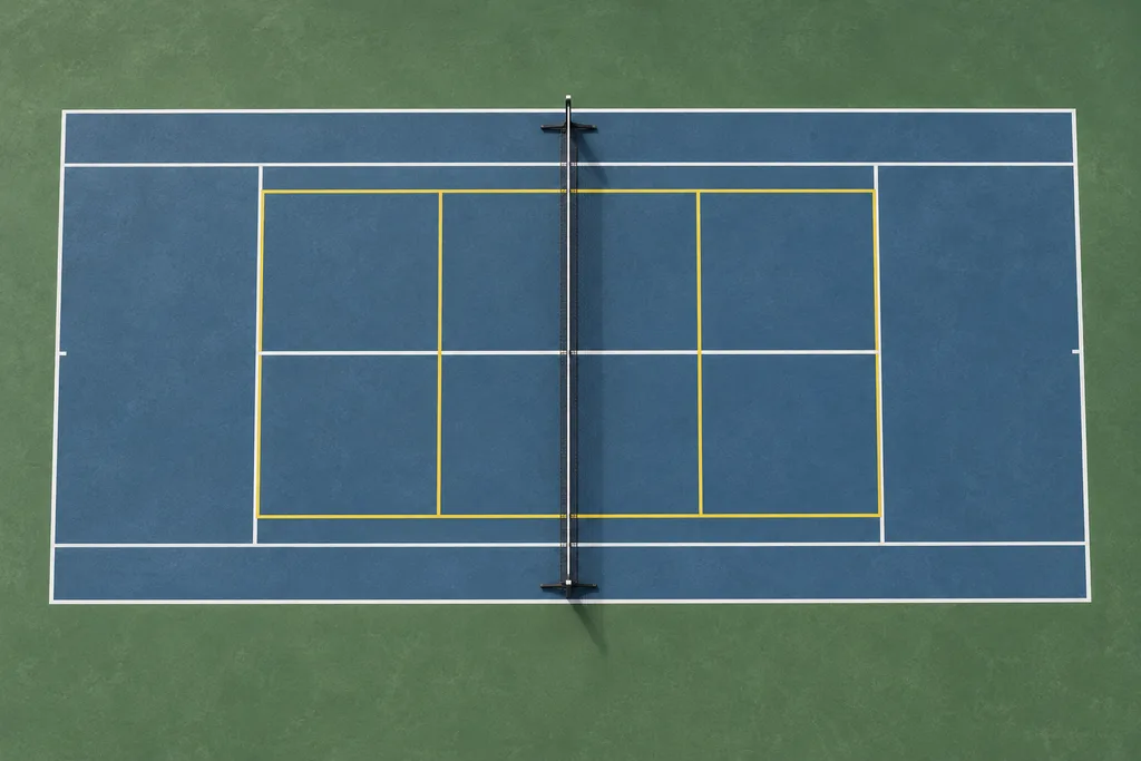 Un court de tennis avec des lignes de pickleball tracées au ruban de couleur et un filet portable posé en travers.
