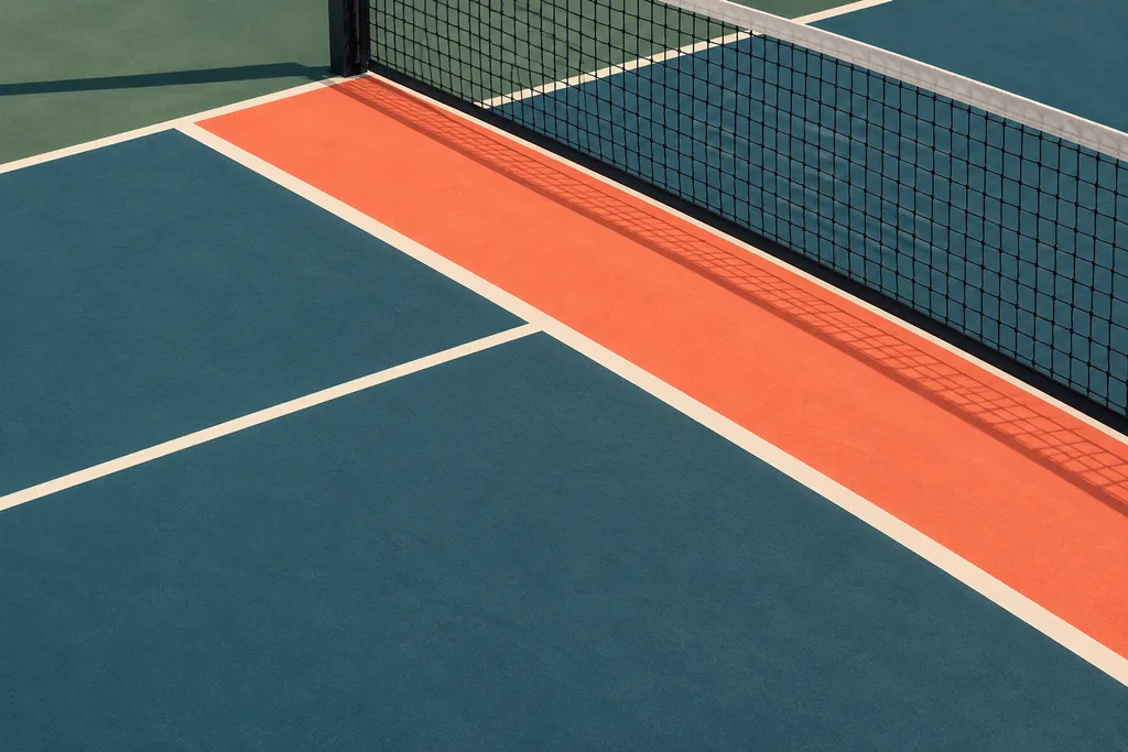 Une bande colorée près du filet délimitant la zone de non-volée sur un court de pickleball.